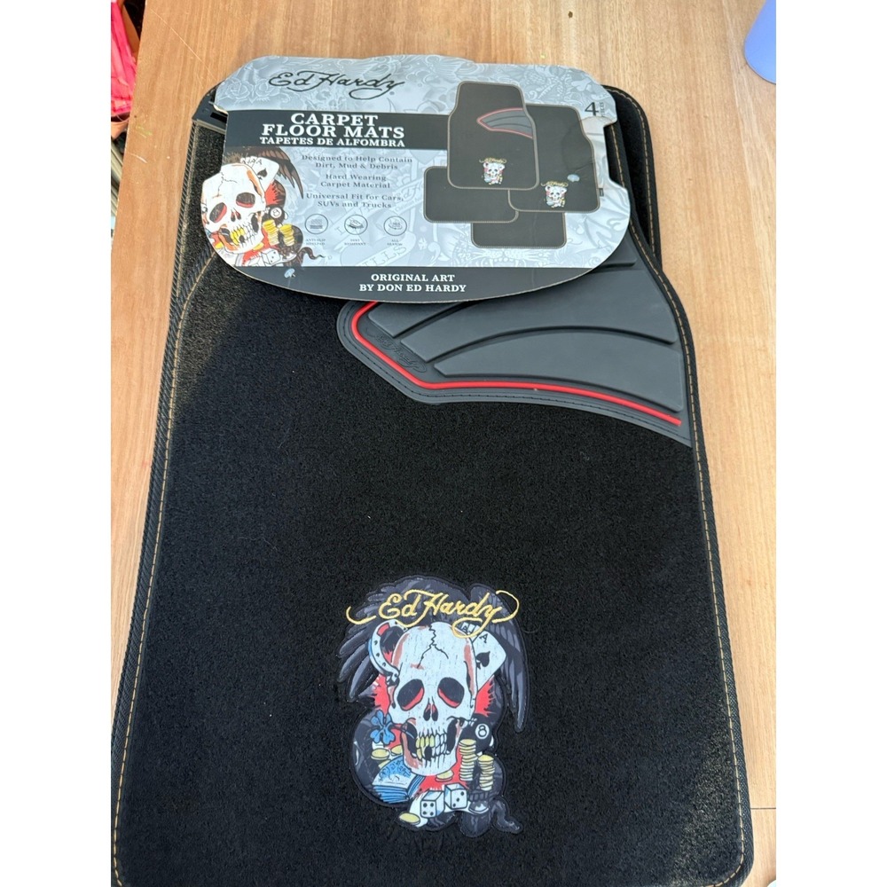 Ed Hardy Skull Gambling Carpet Car Floor Mats 4 Piece Universal Fit Black NWT
